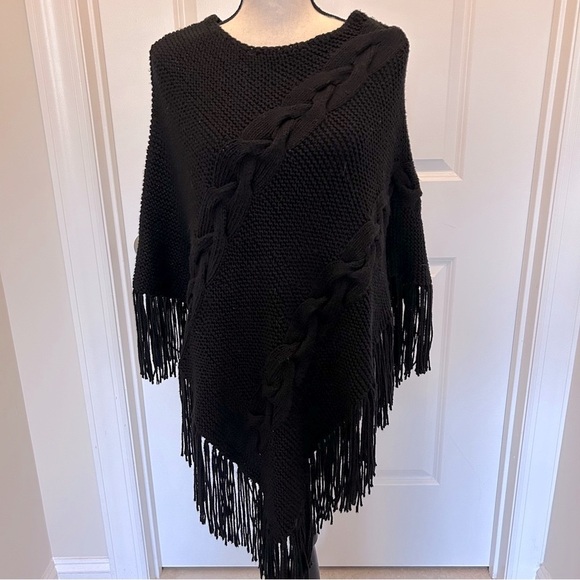 INC International Concepts Sweaters - INC International Concepts Black Knit Poncho with Fringe